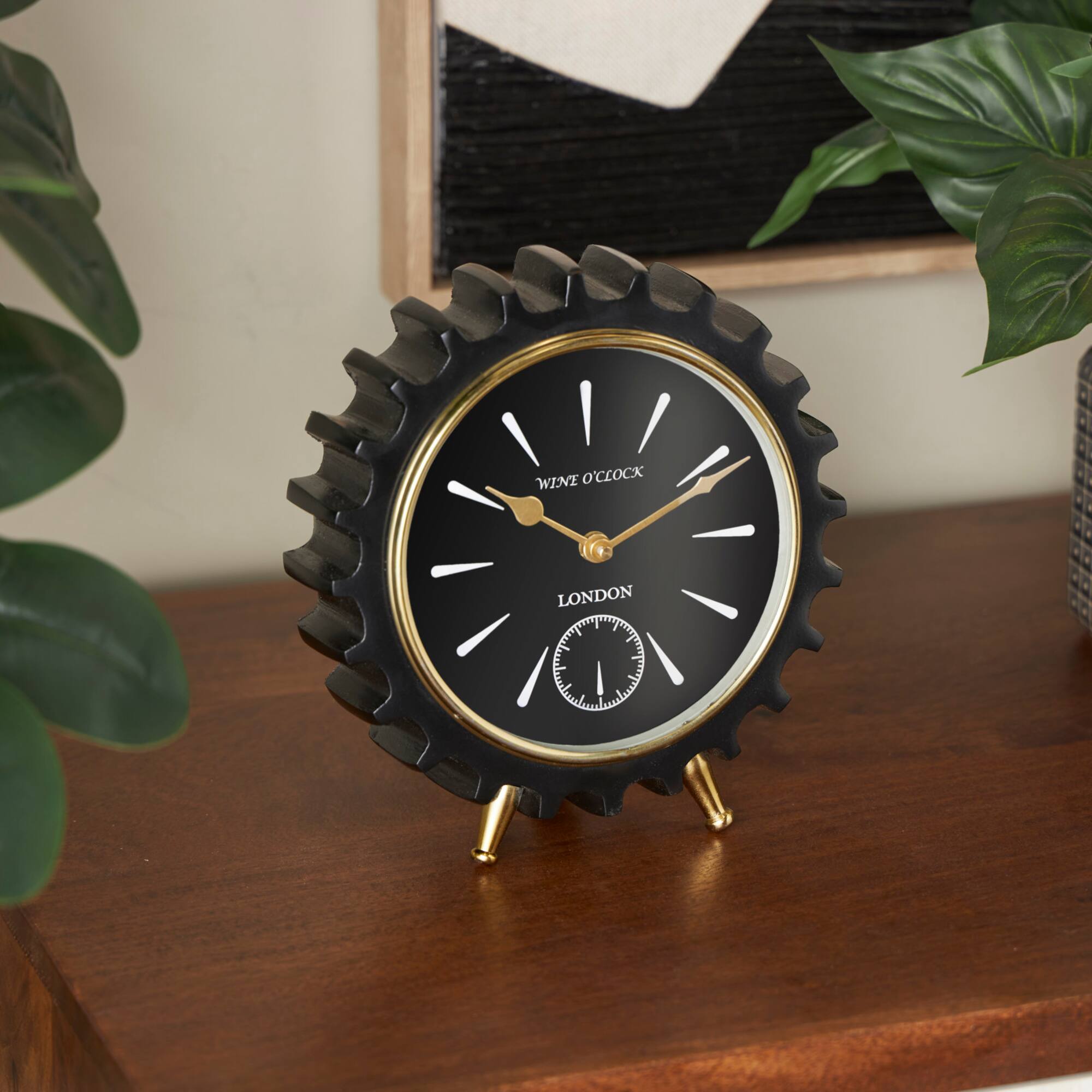 Black Aluminum Gear Clock with Gold Hands and Legs